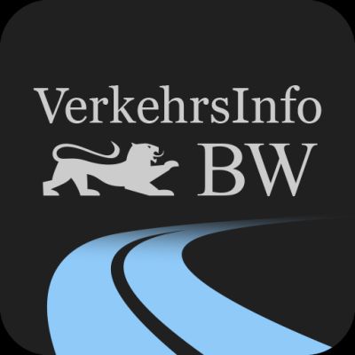 Das Logo der VerkehrsInfo BW App zeigt einen grauen Stauferlöwen auf hellblauer Straße und schwarzem Hintergrund.