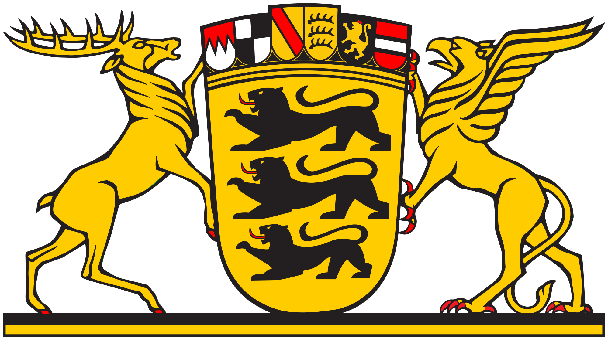 Das Große Landeswappen von Baden-Württemberg zeigt in einem goldenen Schild drei schreitende schwarze Löwen mit roten Zungen. Der Schild trägt eine Krone mit historischen Plaketten und wird von einem goldenen Hirsch und einem goldenen Greif gehalten.