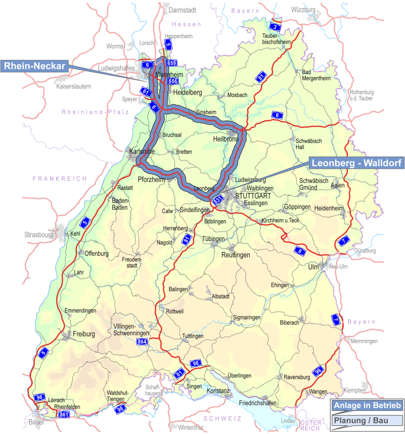 In einer Karte von Baden-Württemberg sind Netzbeeinflussungsanlagen verortet. Jede Anlage ist nach Status ('In Betrieb' oder 'Planung/Bau') kategorisiert.