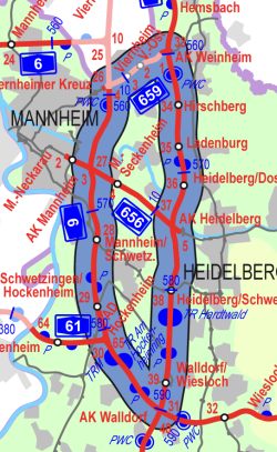 Ein Kartenausschnitt zeigt ein engmaschiges Straßennetz im Rhein-Neckar-Raum.