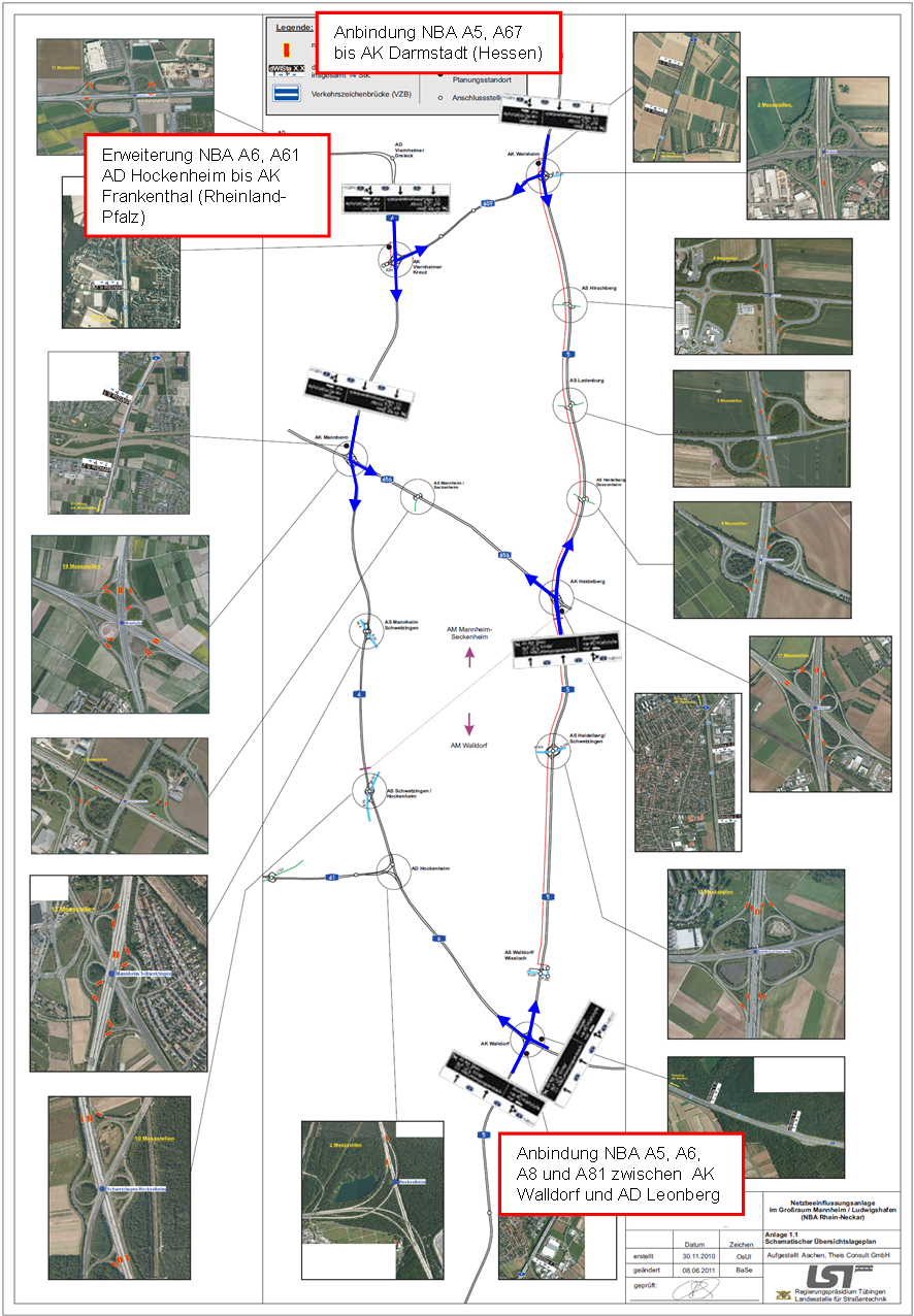 In einer Übersicht der NBA Rhein-Neckar sind dWiSta und Geräte zur Verkehrsdatenerfassung in Luftaufnahmen eingezeichnet und ihrer Position im Straßennetz zugeordnet.
