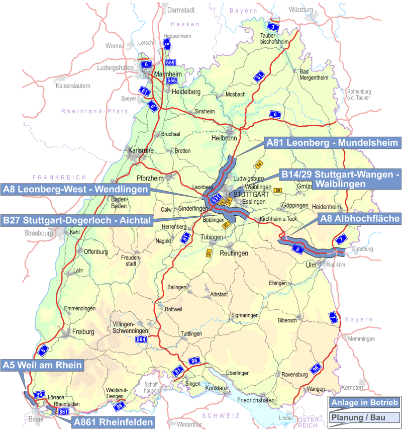 In einer Karte von Baden-Württemberg sind Streckenbeeinflussungsanlagen verortet. Jede Anlage ist nach Status ('In Betrieb' oder 'Planung/Bau') kategorisiert.