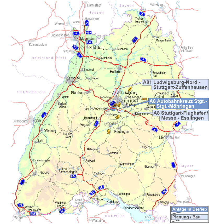 In einer Karte von Baden-Württemberg sind Temporäre Seitenstreifenfreigaben verortet. Jede Anlage ist nach Status ('In Betrieb' oder 'Planung/Bau') kategorisiert.