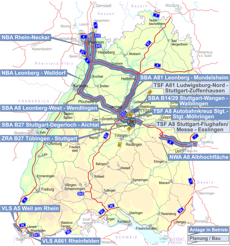 In einer Karte von Baden-Württemberg sind Verkehrsbeeinflussungsanlagen verortet. Jede Anlage ist nach Typ (NBA, SBA, ZRA, VLS, TSF, NWA) und nach Status ('In Betrieb' oder 'Planung/Bau') kategorisiert.