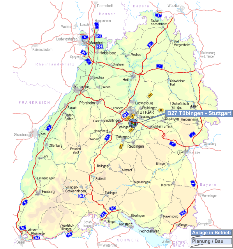 In einer Karte von Baden-Württemberg sind Zuflussregelungsanlagen verortet. Jede Anlage ist nach Status ('In Betrieb' oder 'Planung/Bau') kategorisiert.