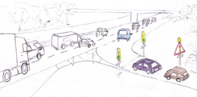 Eine Verkehrssituation an einer ZRA ist in simplem Zeichenstil skizziert.